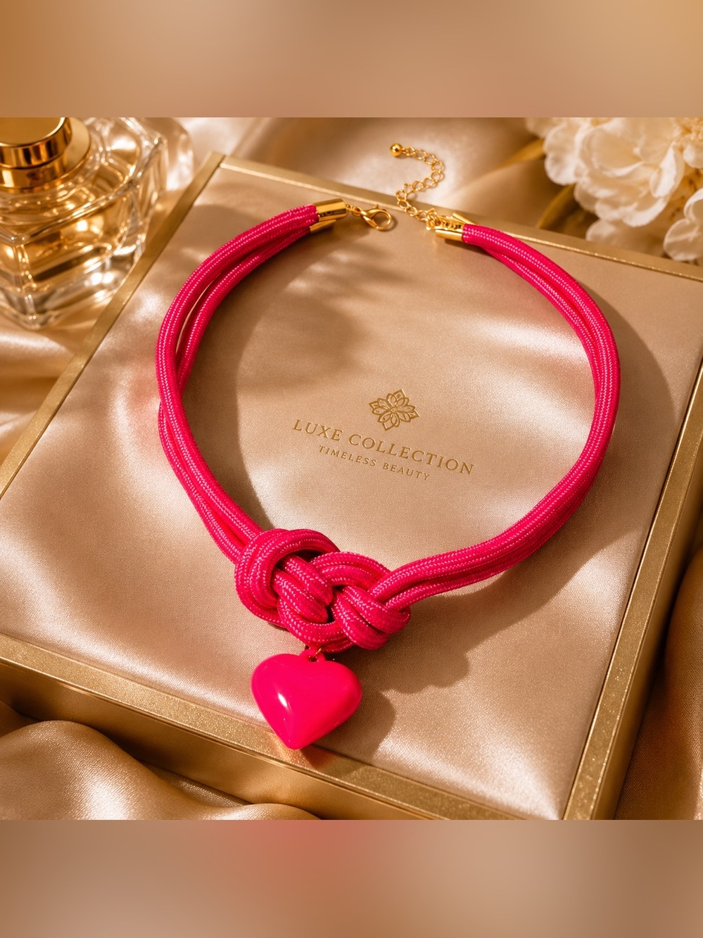 Astrid Hot Pink Heart Pendant Necklace Chunky Knotted Cord Gold Adjustable NWT